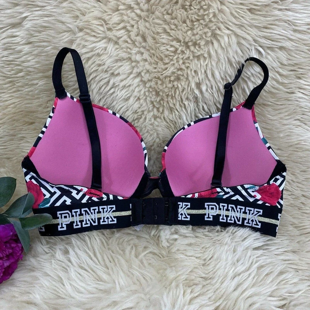 Victoria's Secret PINK Wear Everywhere Push-Up Bra 32DD Black Red Rose Logo - Picture 3 of 7
